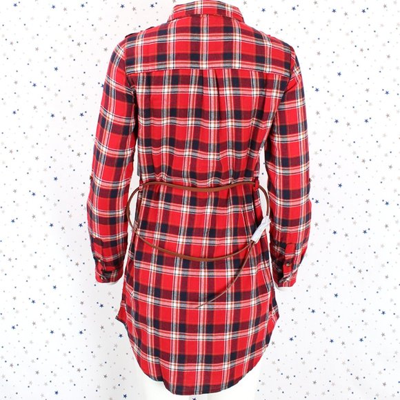 Plaid Button Up Shirt Dress with Belt Red - Picture 6 of 10